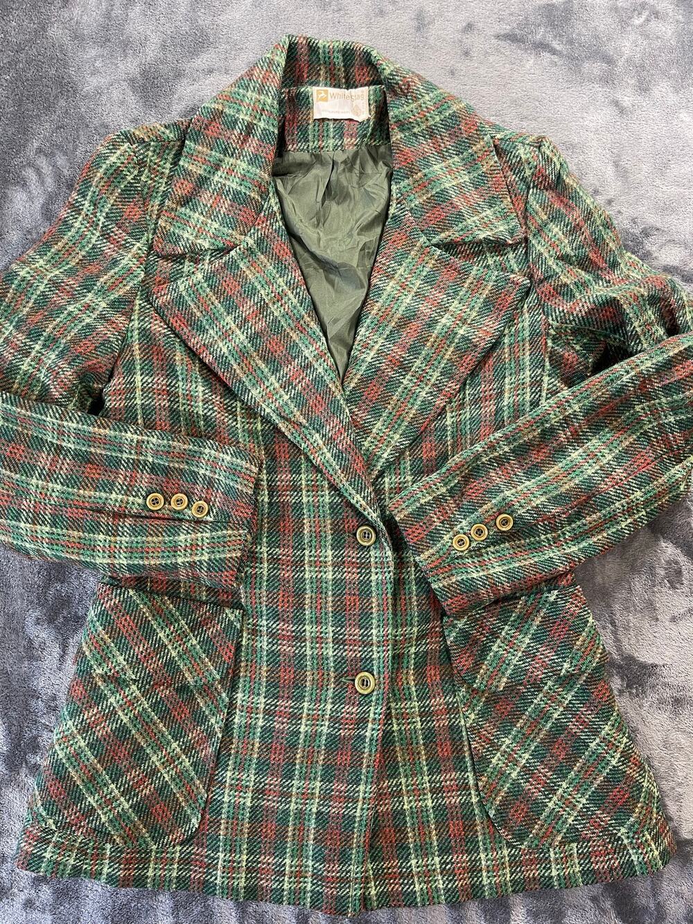 Vintage 70s Wool Plaid Blazer Jacket Small White Stag USA Academia Cabincore